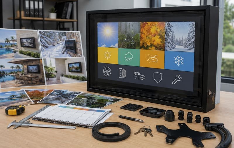 Year-round outdoor TV protection guide showing permanent enclosure planning for summer heat, rain, dust, winter access, and future TV replacement