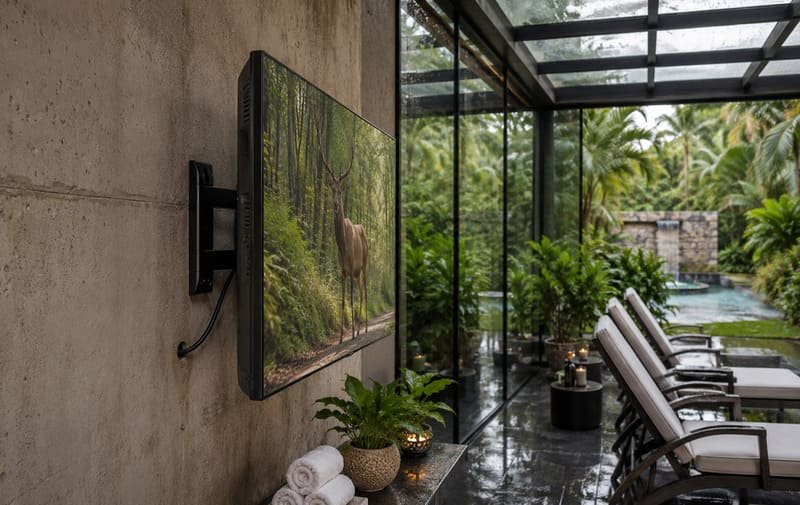 Bare indoor TV facing humid outdoor conditions in a glass-walled hotel spa lounge with temperature changes, moisture, dust, and open-air exposure