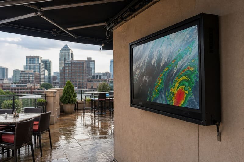 Covered rooftop patio TV exposed to humid outdoor air, side rain, wall heat, reflected sunlight, wind-driven moisture, and open terrace conditions