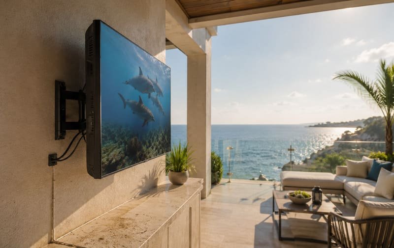 Indoor TV exposed to humidity, heat, salt air, dust, pollen, cleaning spray, insects, and cable-route risks on a coastal outdoor terrace