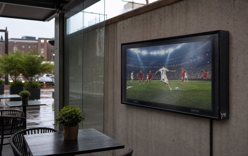 Indoor TV exposed under a humid covered outdoor terrace