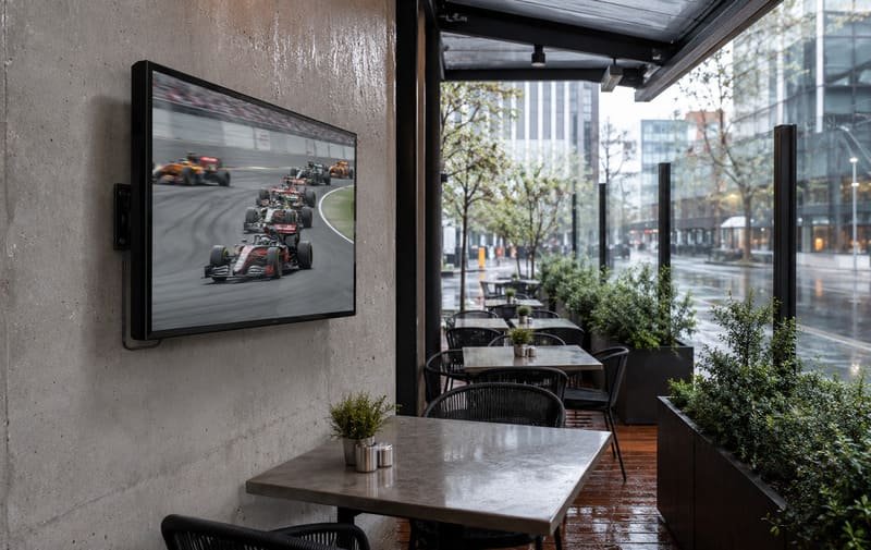 Indoor TV under a covered patio with humid outdoor