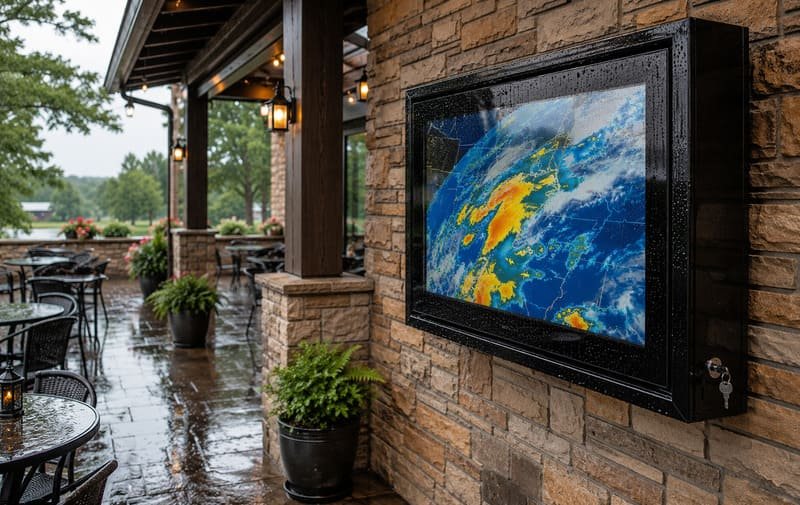 IP65 outdoor TV enclosure weather protection with sealed gasket edge, rain droplets, dust control, splash exposure, protected cable exit, and real patio installation