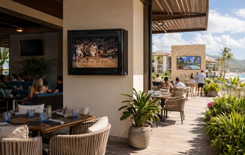 Outdoor exposure decision scene comparing a bare indoor TV under a roof, a protected TV enclosure system, and a dedicated outdoor TV across shaded and sunny resort zones