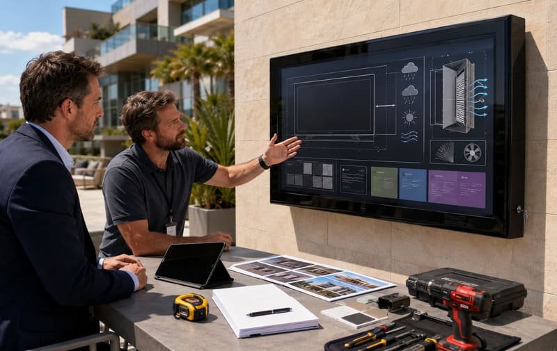 Outdoor TV enclosure buying specs checklist showing TV fit, IP65 weather exposure, cooling fans, polycarbonate material, signal behavior, and delivery planning