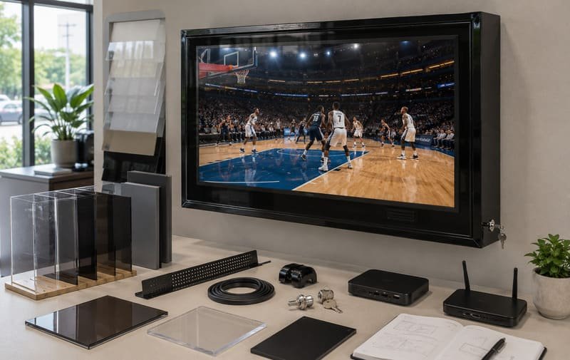 Polycarbonate outdoor TV enclosure material and signal planning with smoked transparent shield, lock, cable exit, Wi-Fi friendly design, and premium commercial finish