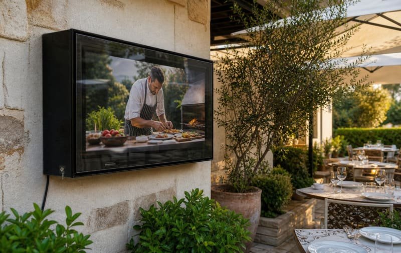 Professional black polycarbonate outdoor TV enclosure protecting a compatible indoor TV from humidity, splash, dust, cable exposure, and casual contact on a hotel garden patio